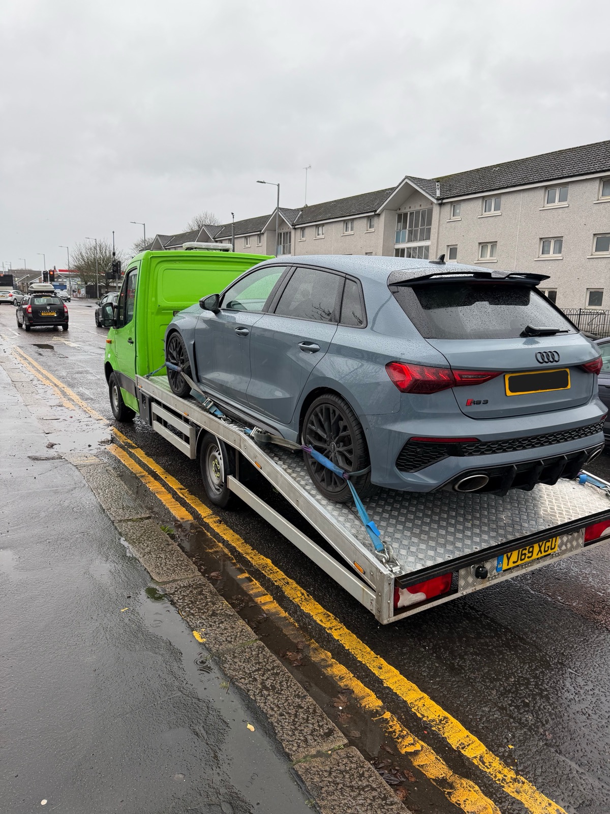 Audi RS3 recovered in wet conditions by SP Rapid Recovery providing accident recovery Glasgow Scotland