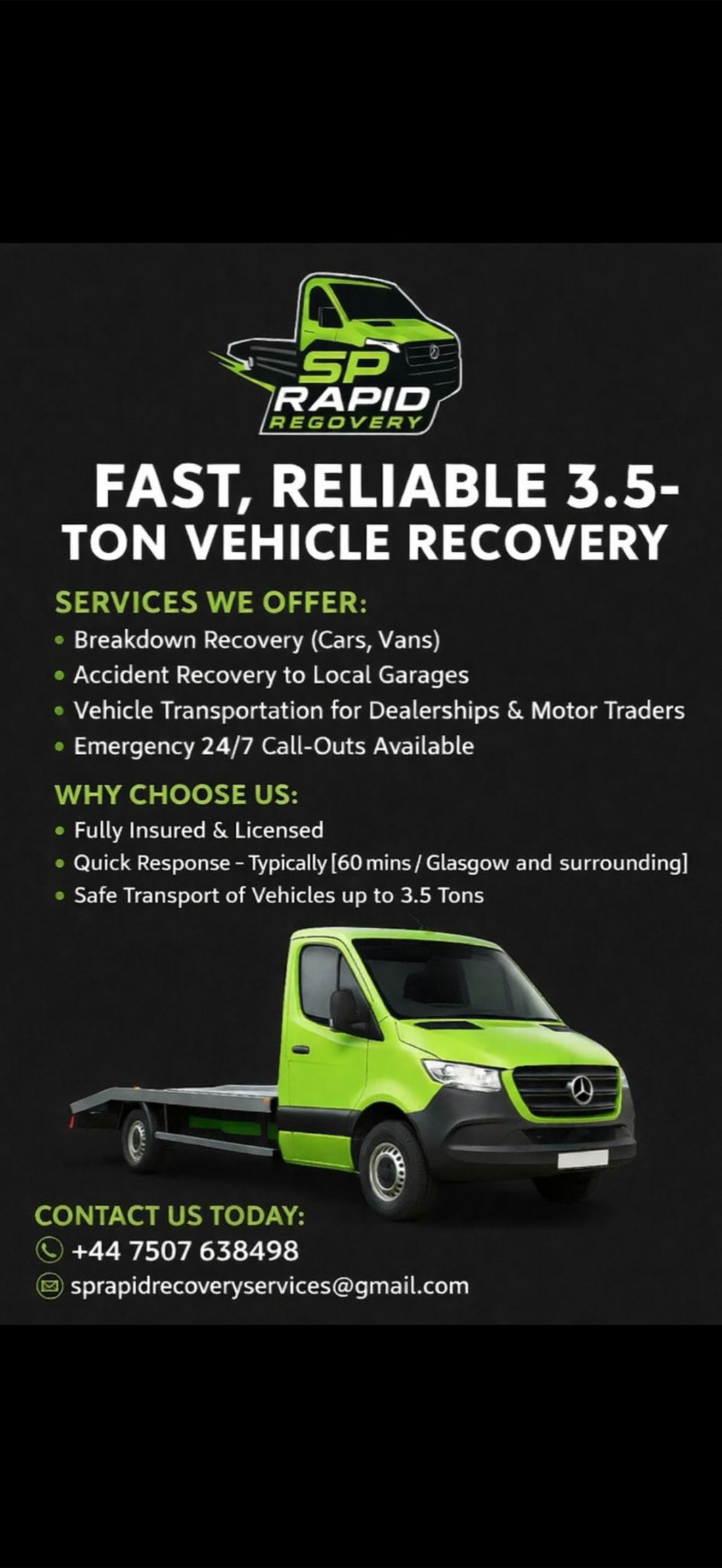 SP Rapid Recovery truck providing 24/7 breakdown and accident recovery across Glasgow and Scotland